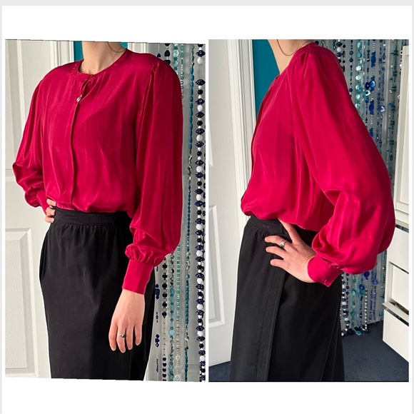 Irka Tops - Unused-authentic 1970’s-red silk blouse long bouffant sleeves,cropped or not